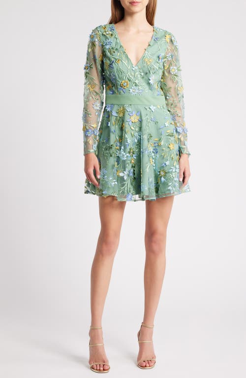 Dress the Population Marcy Floral Long Sleeve Minidress Sage Multi at Nordstrom,
