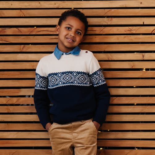 Shop Hope & Henry Boys' Organic Intarsia Crew Neck Button Sweater, Kids In Ski Lodge Intarsia