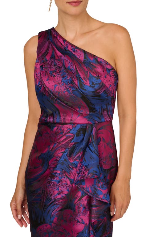 Adrianna Papell One-shoulder Jacquard Mermaid Gown In Navy/orchid