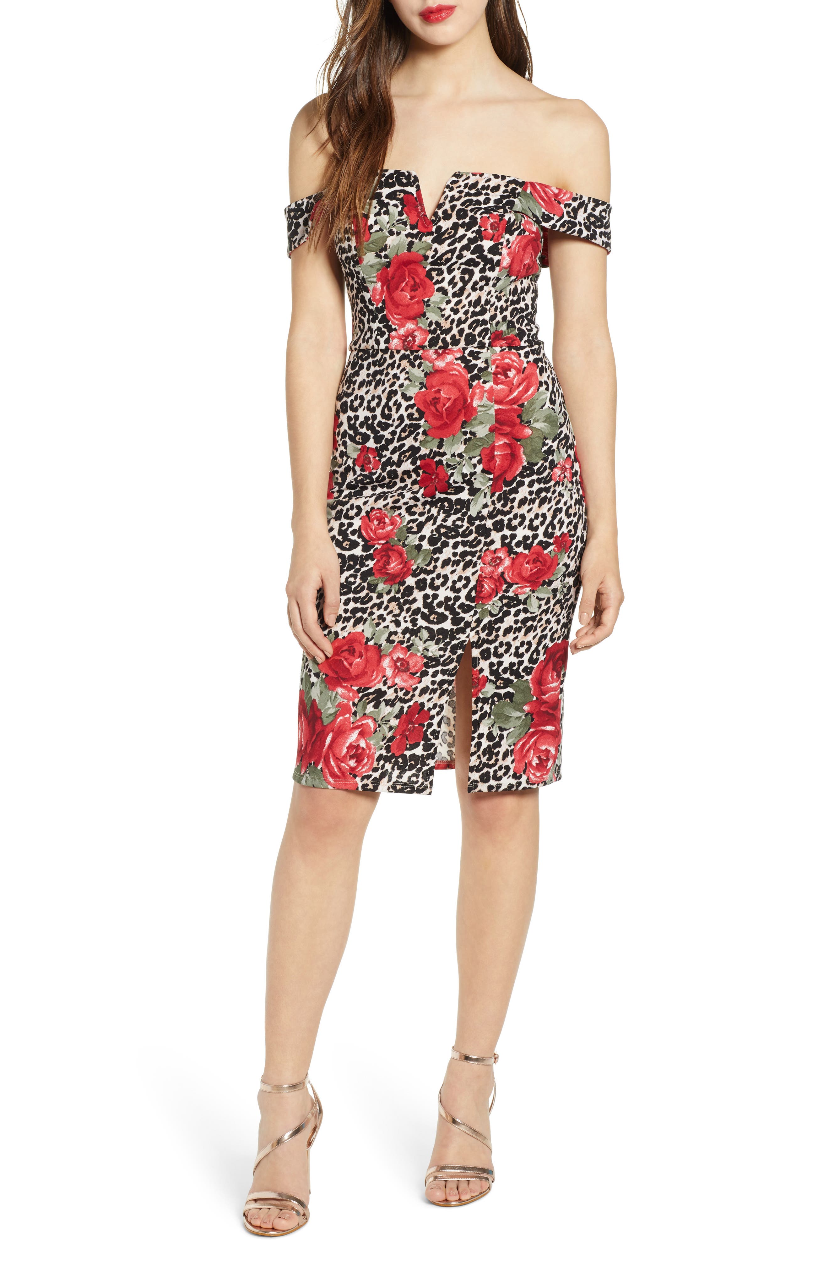 Speechless Mix Print Off The Shoulder Midi Dress, Red