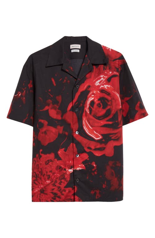 Wax Flower Print Cotton Camp Shirt in Black - Red