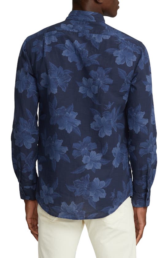 Shop Ralph Lauren Purple Label Cooper Floral Print Cotton & Linen Sport Shirt In Navy