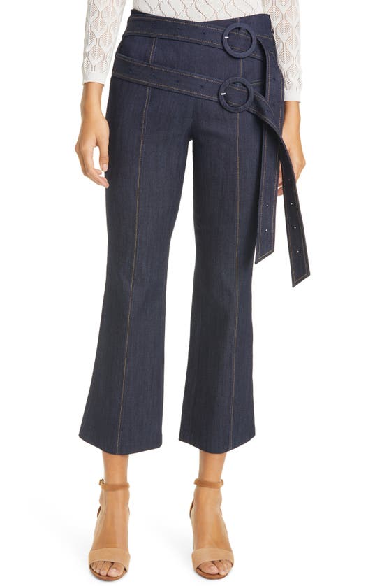 CINQ À SEPT JESSI DOUBLE BELT CROP KICK FLARE DENIM PANTS