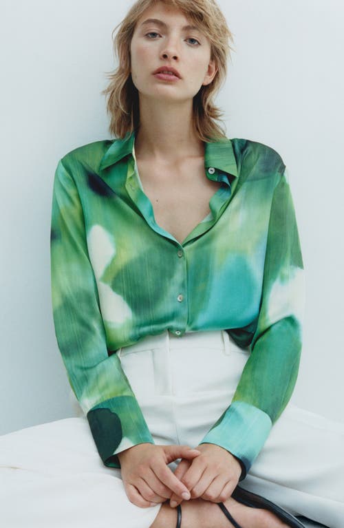 Shop Mango Satin Button-up Shirt In Green