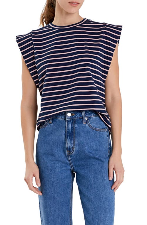 Shop English Factory Stripe Extended Shoulder T-shirt In Navy/pink