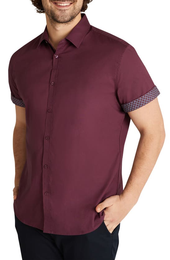 Johnny Bigg Leo Solid Stretch Cotton Short Sleeve Button-up Shirt In Burgundy