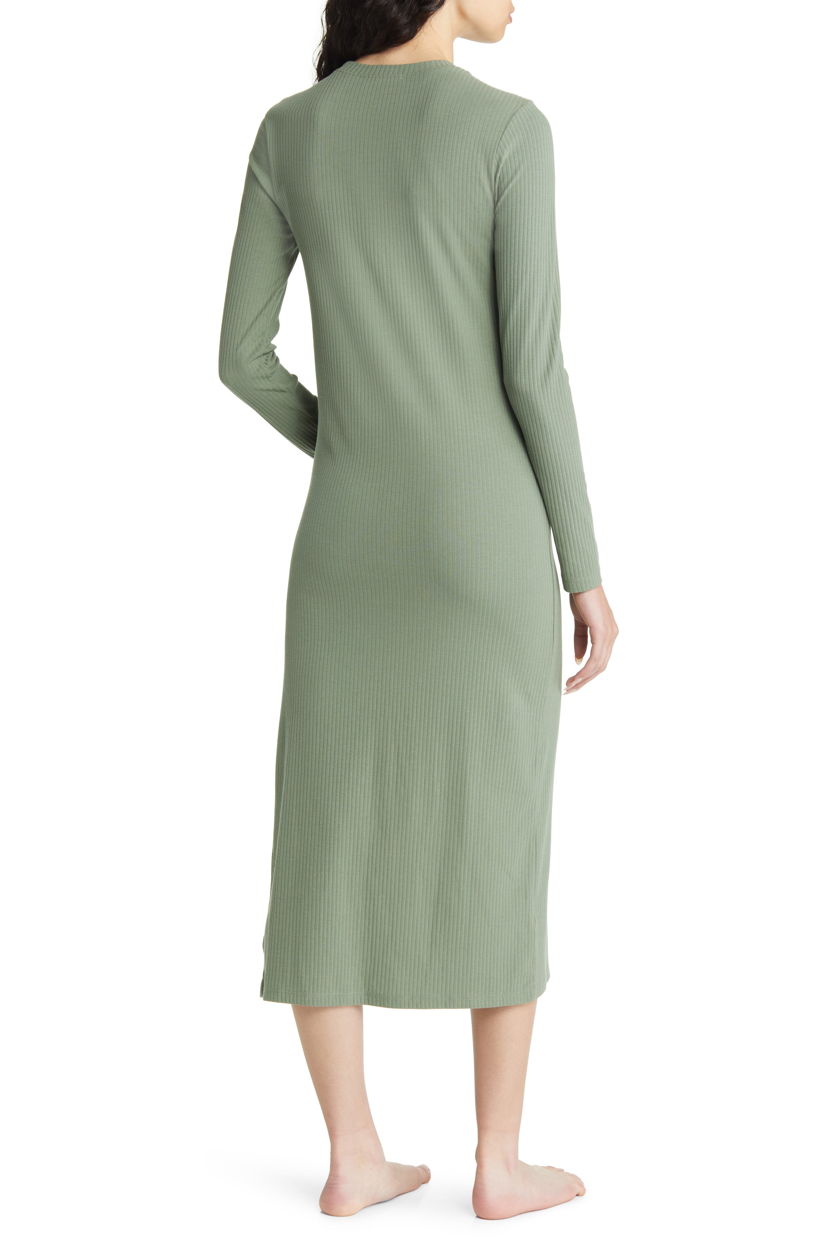 Open Edit Long Sleeve Rib Organic Cotton Blend Lounge Dress in Green Agave at Nordstrom, Size X-Large