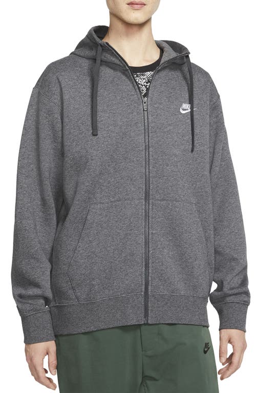 Shop Nike Club Zip-up Logo Hoodie In Charcoal Heather/white