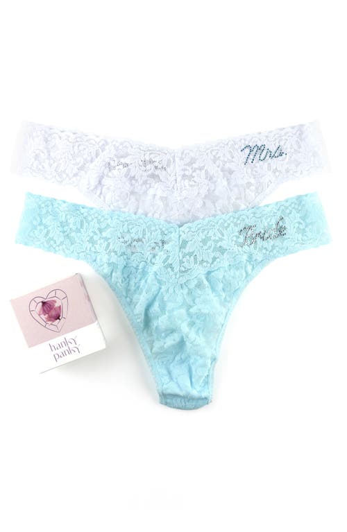 Hanky Panky Bride & Mrs. Original-rise Lace Thong Gift Set In Celeste/white
