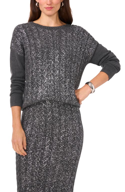 Vince Camuto Womens Metallic Cable Knit Crewneck Sweater In Med Heather Grey