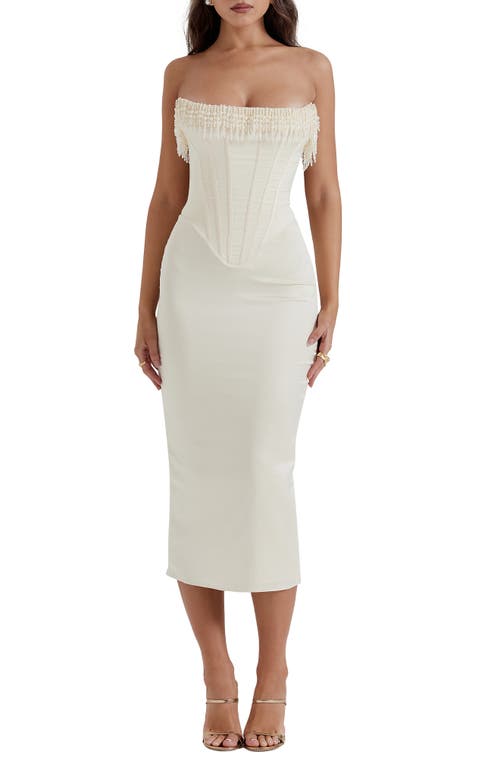 HOUSE OF CB Nalita Imitation Pearl Trim Strapless Midi Cocktail Dress in Vintage Cream 