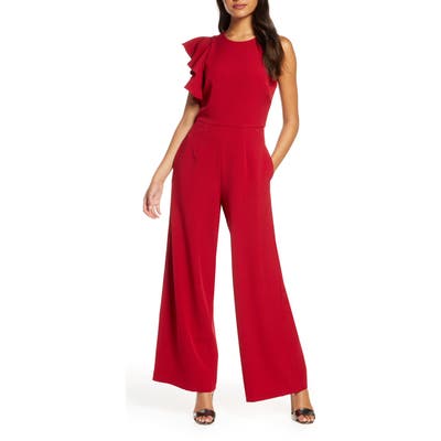 Julia Jordan Hunter Crepe Ruffle Shoulder Jumpsuit, Red