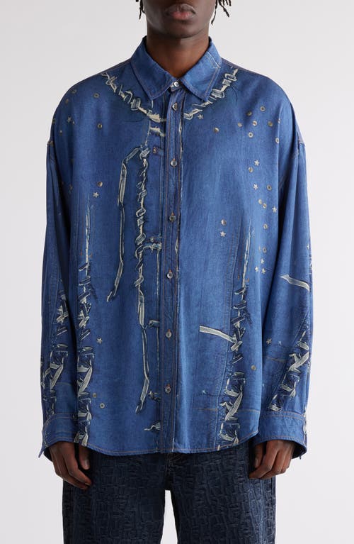 Shop Acne Studios Trompe L'oeil Repaired & Embellished Button-up Shirt In Navy Multi