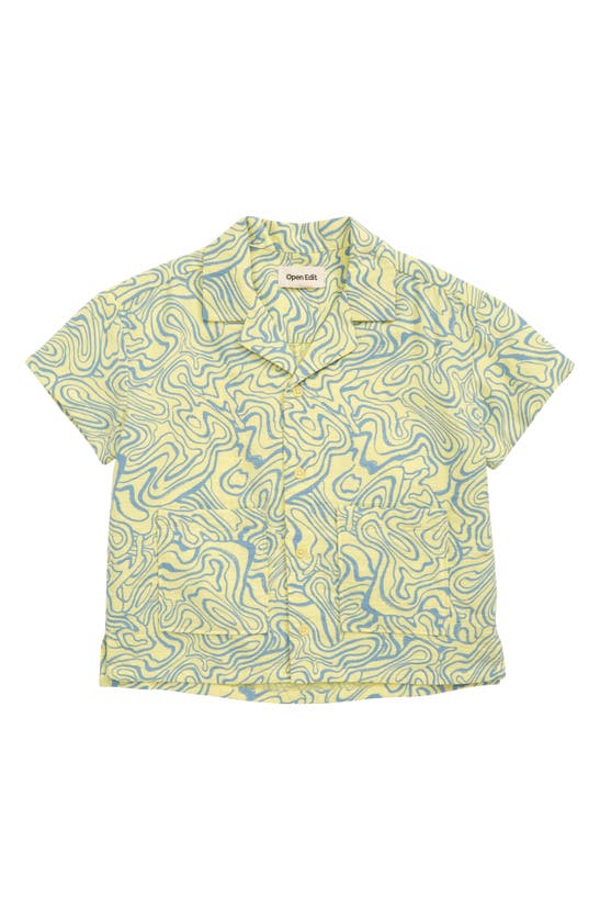 Open Edit Kids' Fun Short Sleeve Organic Cotton Camp Shirt In Yellow Lemonade Warp