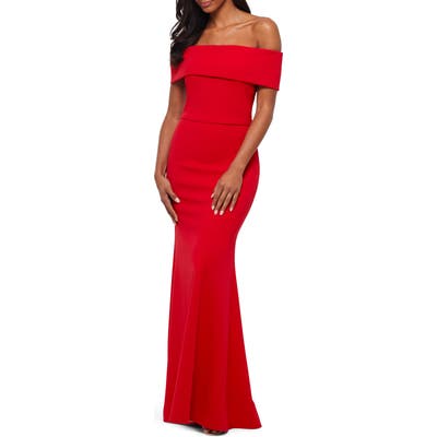 Betsy & Adam Off The Shoulder Back Ruffle Scuba Crepe Gown, Red