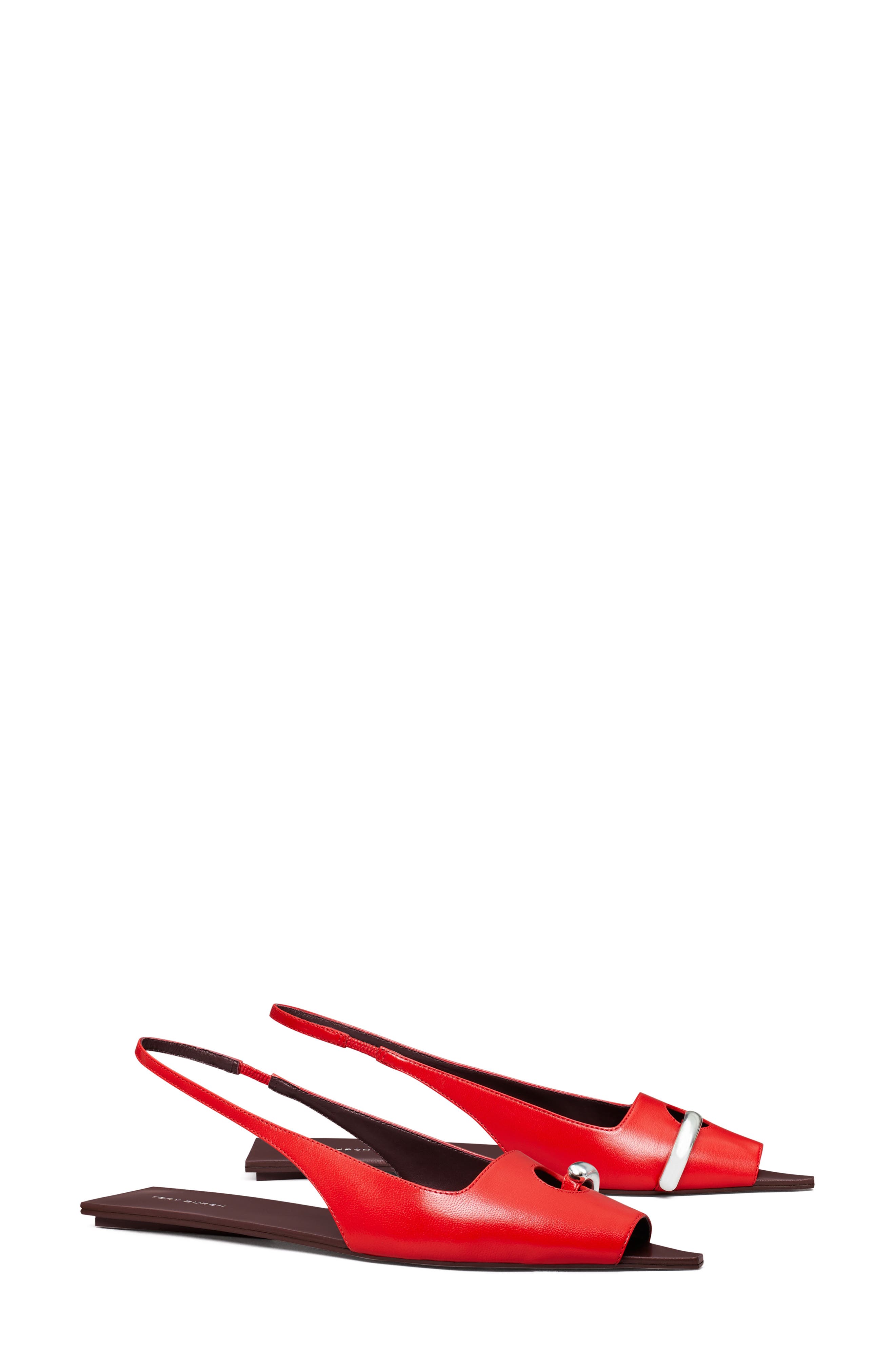 Tory Burch Pierced Slingback Open Toe Flat In Plum/red/silver