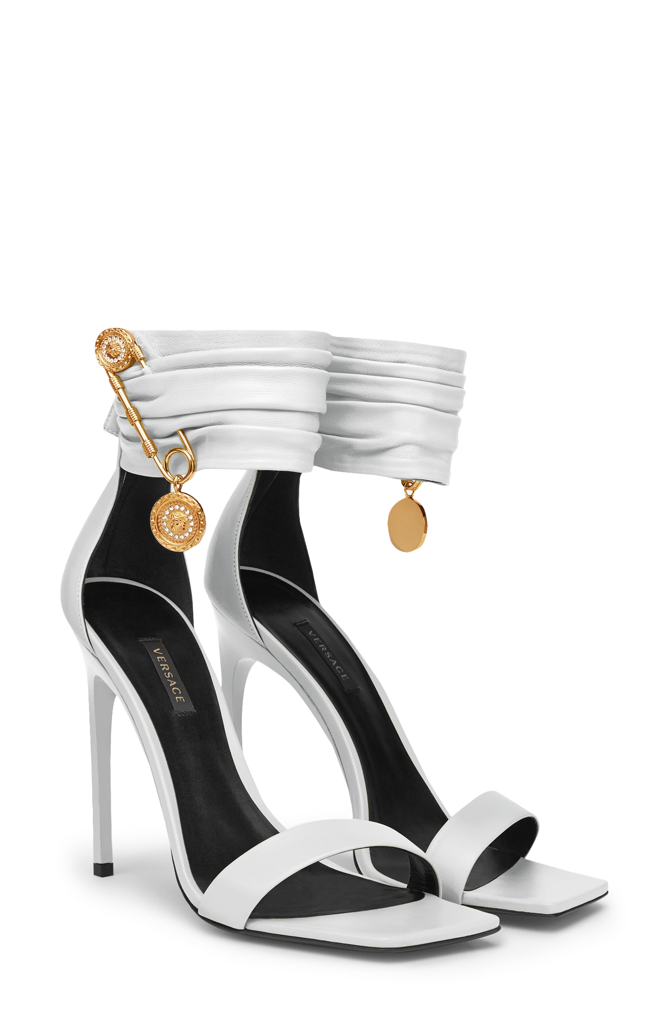 Versace Safety Pin Ankle Strap Sandal in White at Nordstrom