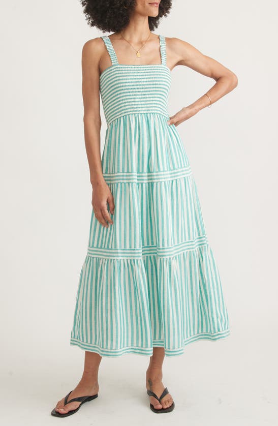 Marine Layer Selene Stripe Smocked Tiered Midi Sundress In Blue