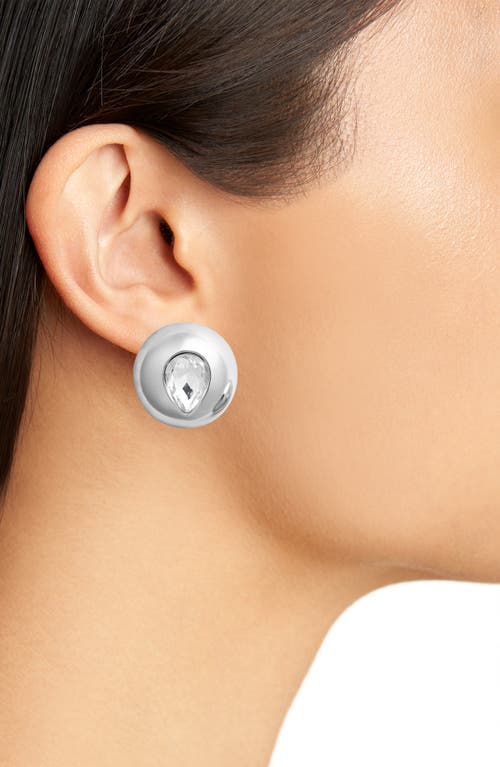 Open Edit Crystal Teardrop Puffy Button Earrings In Clear- Rhodium