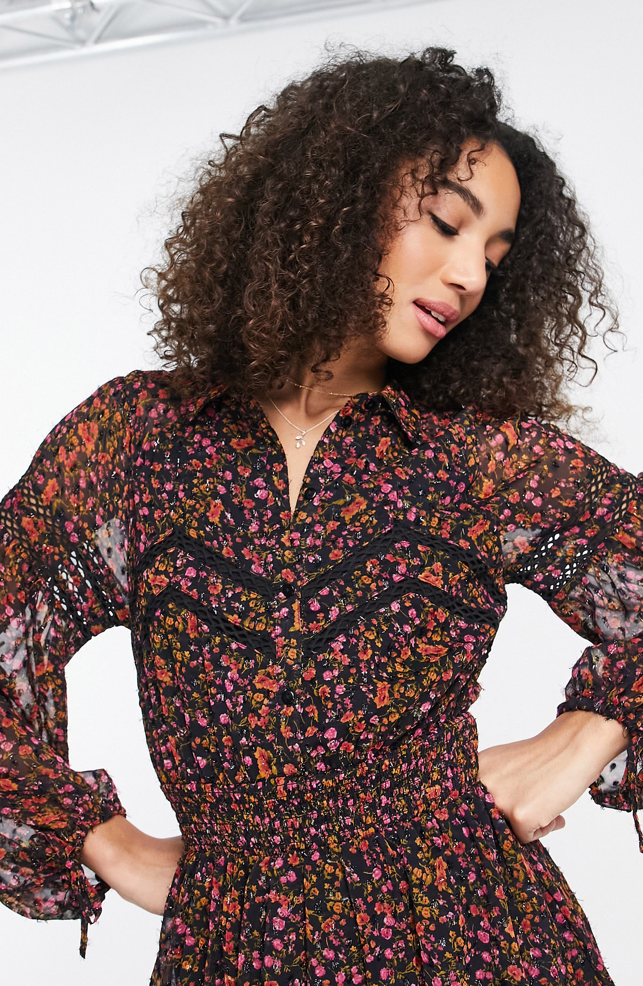 Topshop Floral Long Sleeve Chiffon Tea 