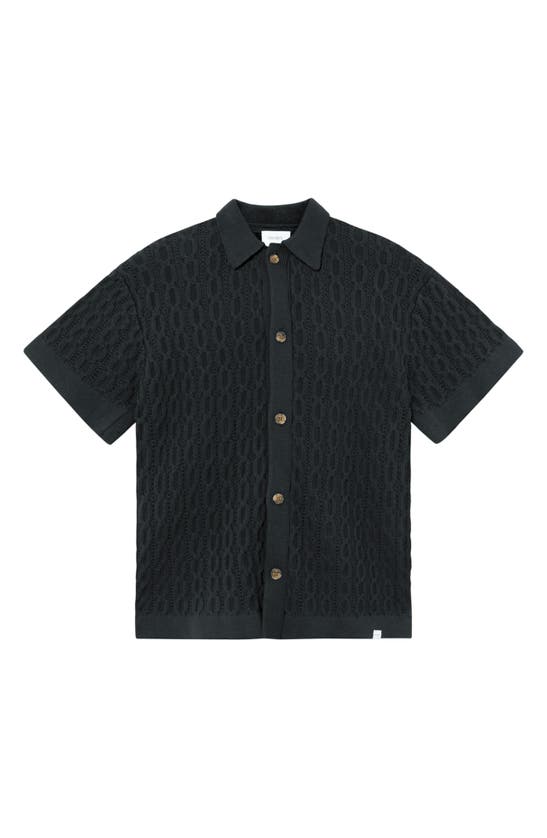 Shop Les Deux Garrett Knit Cotton Short Sleeve Button-up Shirt In Dark Navy
