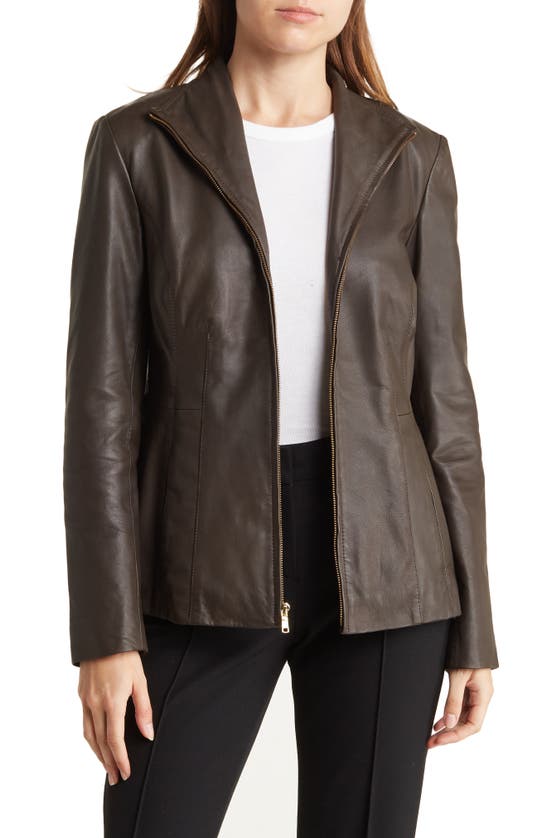 Cole Haan Signature Wing Collar Leather Jacket In Dark Espresso