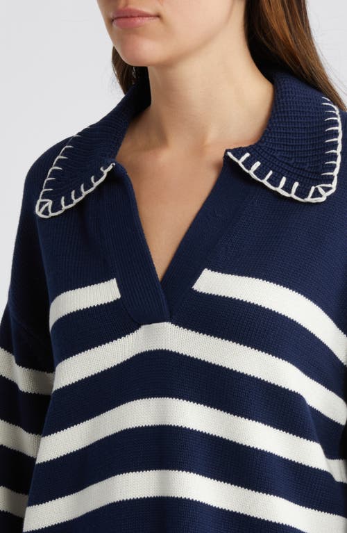 Shop Rails Athena Stripe Cotton Johnny Collar Polo Sweater In Navy Ivory Stripe