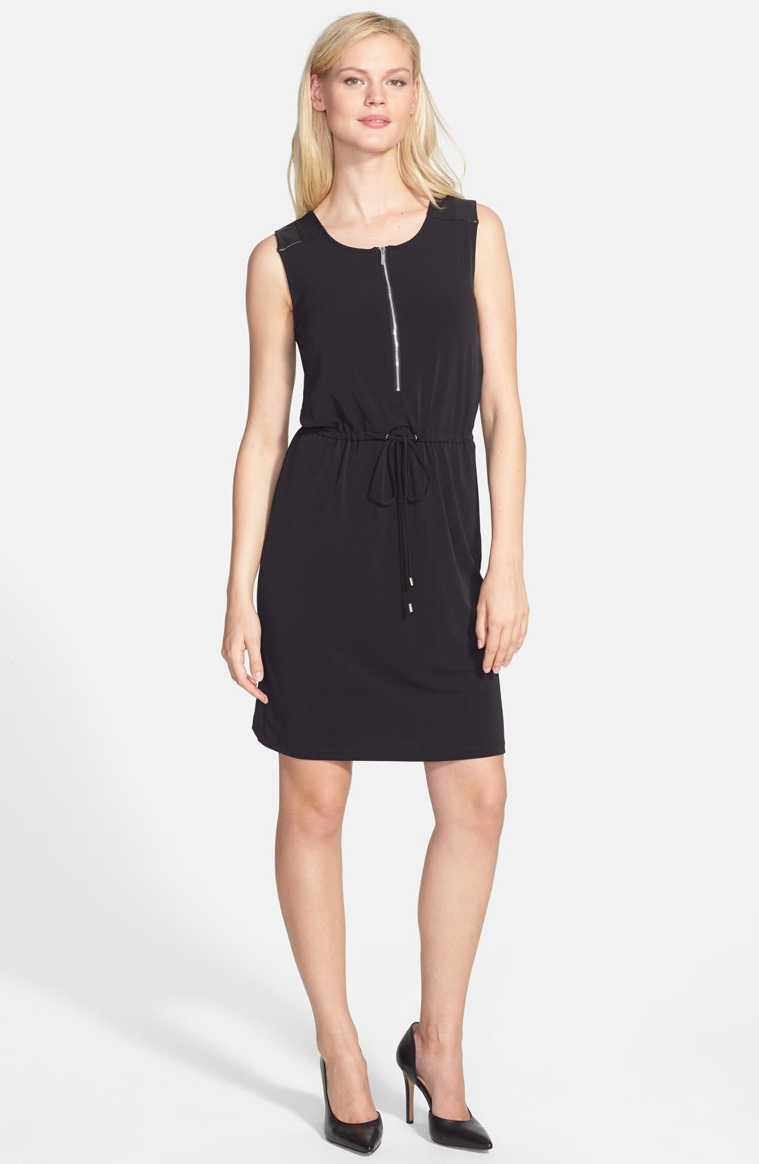 Calvin Klein Faux Leather Trim Drawstring Waist Dress Nordstrom