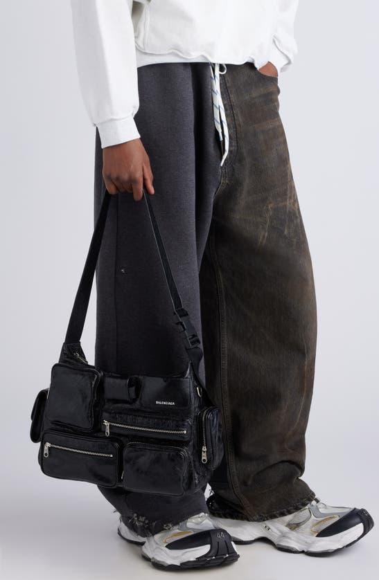 Shop Balenciaga Superbusy Crinkle Leather Messenger Bag In Black