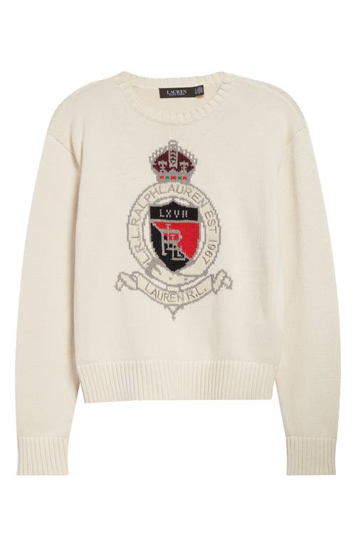 Shop Lauren Ralph Lauren Crest Cotton Graphic Crewneck Sweater In Mascarpone Cream Multi