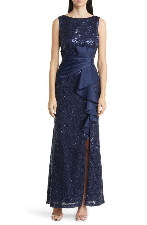 Sequin Ruffle Sleeveless Lace Trumpet Gown