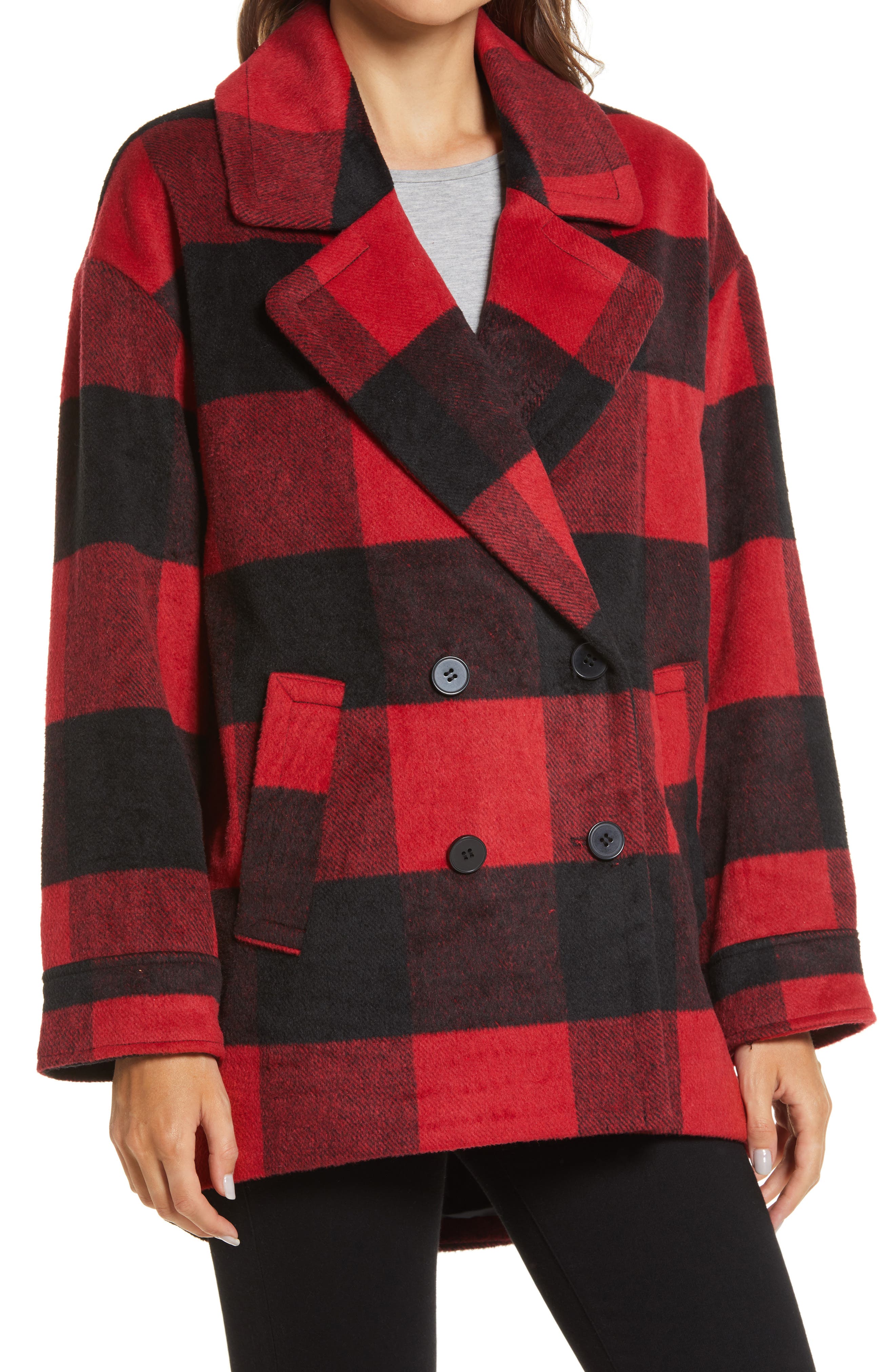 Halogen | Buffalo Check Print Double Breasted Pea Coat | Nordstrom Rack