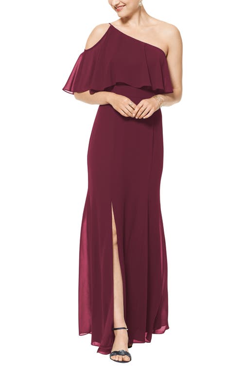 #Levkoff One-Shoulder Chiffon A-Line Gown in Wine