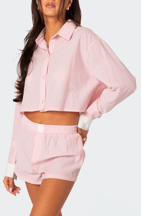 Shop Edikted Lea Pinstripe Cropped Button-up Shirt In Light-pink