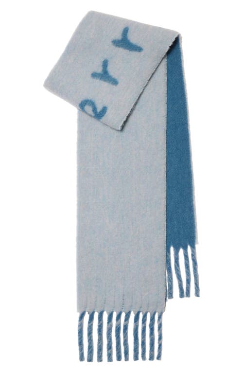 Shop Burberry Logo Text Jacquard Reversible Alpaca & Wool Blend Fringe Scarf In Blue