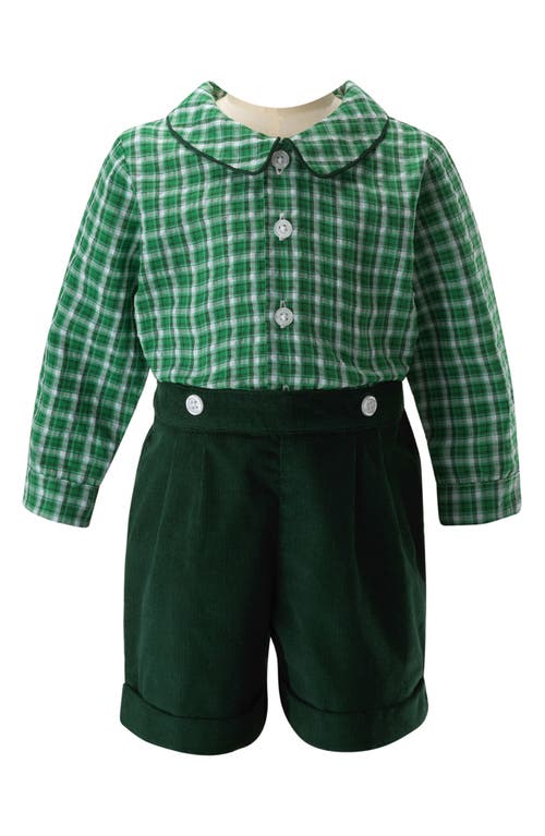 Rachel Riley Check Cotton Button Up-Shirt & Corduroy Shorts Set in Green 