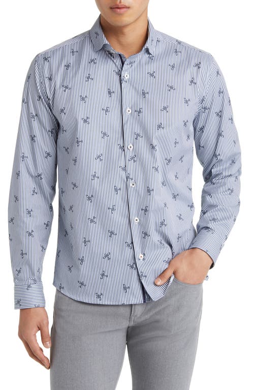 DRY TOUCH Stripe Plane Print Performance Sateen Button-Up Shirt in Navy