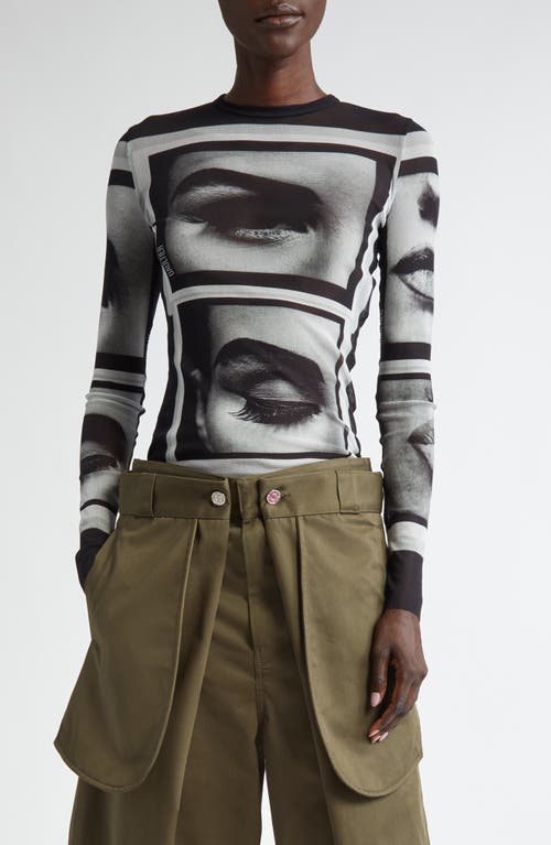 Jean Paul Gaultier Eyes & Lips Print Long Sleeve Mesh T-Shirt Black/Grey/White at Nordstrom,