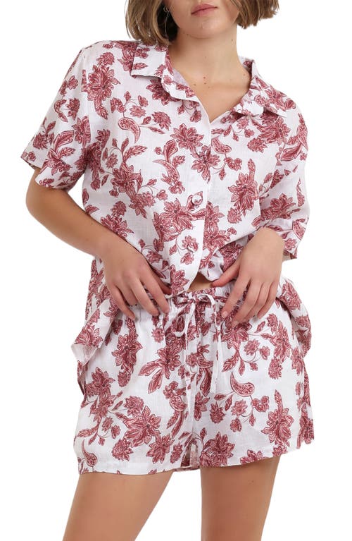 Resort Linen Drawstring Shorts in Cinnamon Floral