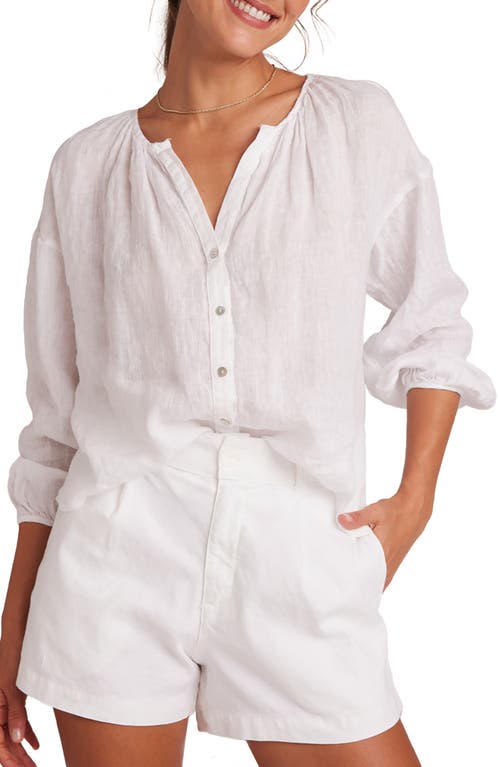 Shirred Neck Linen Button-Up Shirt in White