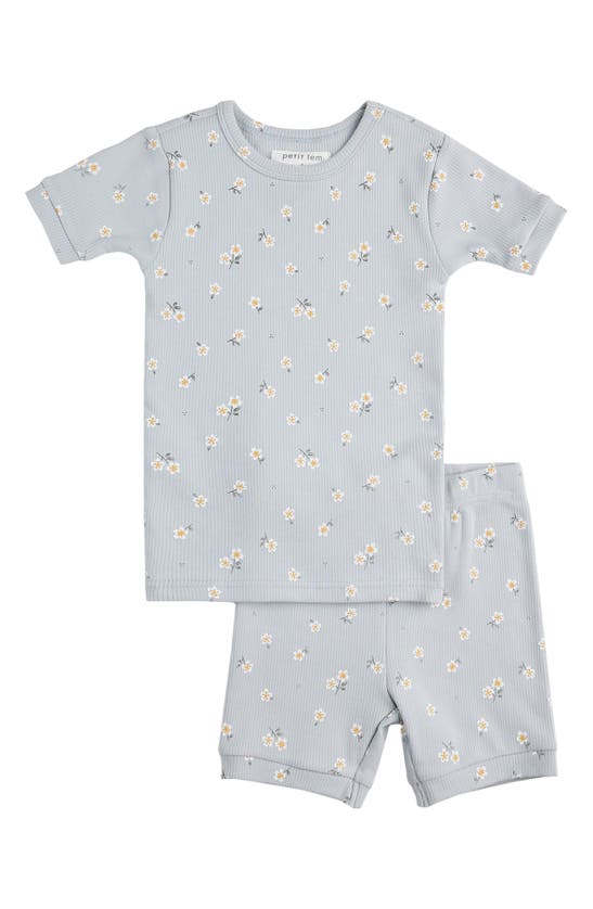 Petit Lem Kids' Daisy Print Organic Cotton Rib Fitted Two-piece Short Pajamas In Blue Light