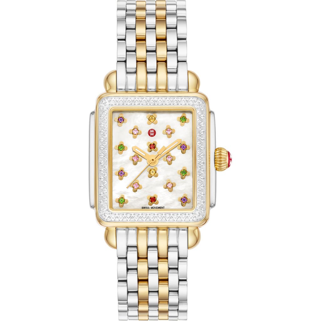 Shop Michele Deco Mid Fleur Diamond Special Edition Bracelet Watch, 29mm X 31mm In Two Tone/multi