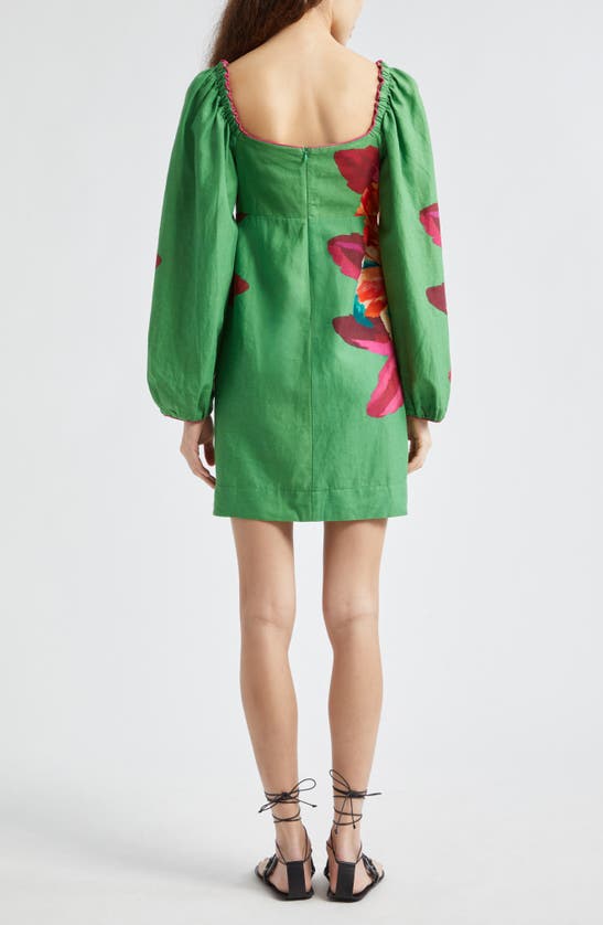 Shop Farm Rio Tropicart Long Sleeve Linen Blend Dress In Green