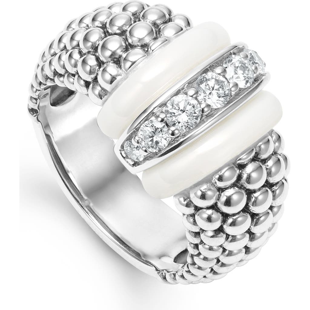 Lagos White Caviar White Ceramic Diamond Large 1-link Ring In Silver/diamond