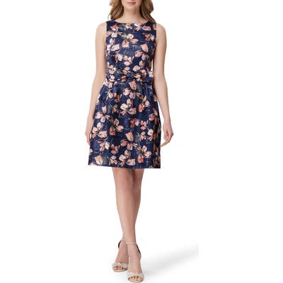 Tahari Metallic Floral Jacquard Fit & Flare Dress, Blue