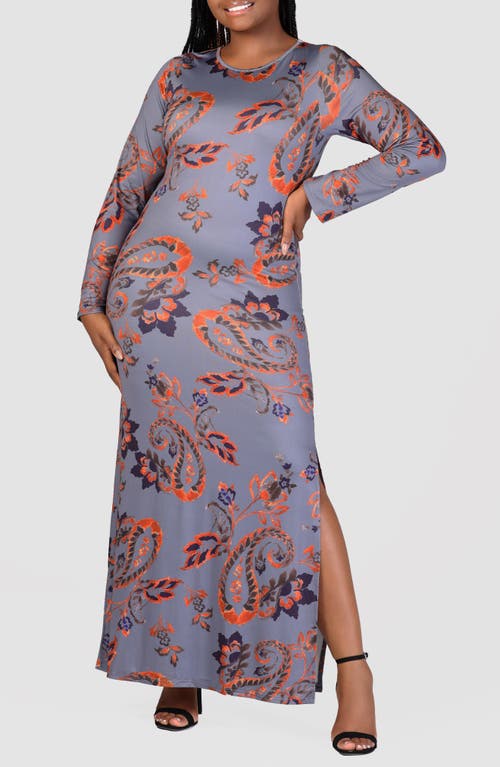 Shop 24seven Comfort Apparel Paisley Print Long Sleeve Maxi Dress In Orange Multi