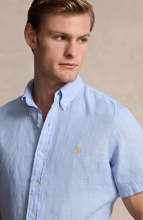 Shop Polo Ralph Lauren Linen Short Sleeve Button-down Shirt In Blue Hyacinth