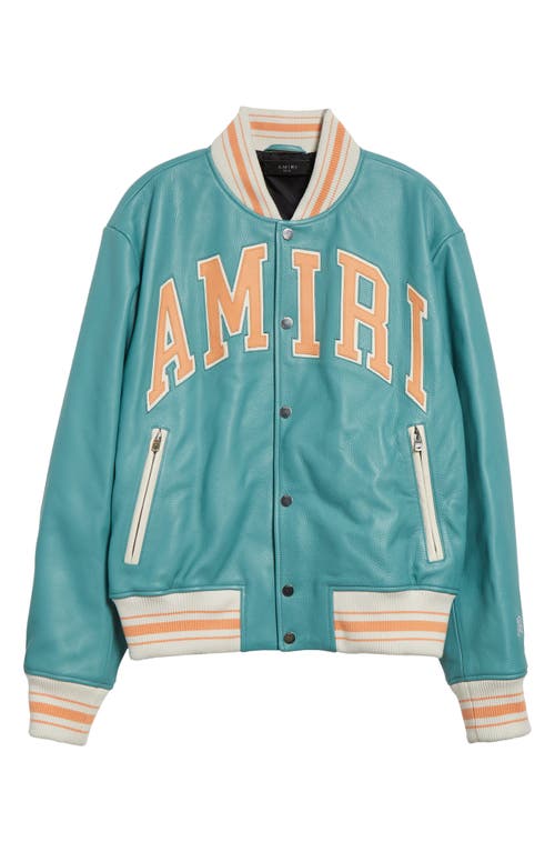 Shop Amiri Varsity Logo Leather Bomber Jacket In Sea Blue