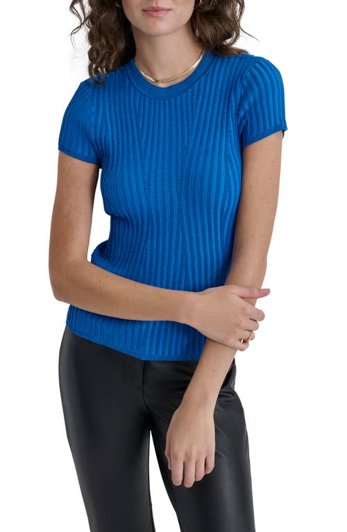 Shop Dkny Transfer Stitch Short Sleeve Sweater In Lapis Blue/cadet Blue