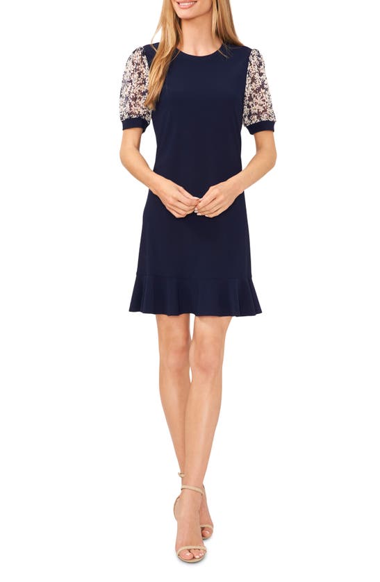 Shop Cece Floral Puff Sleeve Mixed Media Minidress In Navy Blue Jay